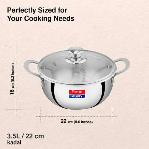 Prestige Glory Stainless Steel Cookware Kadai 22 Cm / 3.5 L With Glass Lid - Alternate View